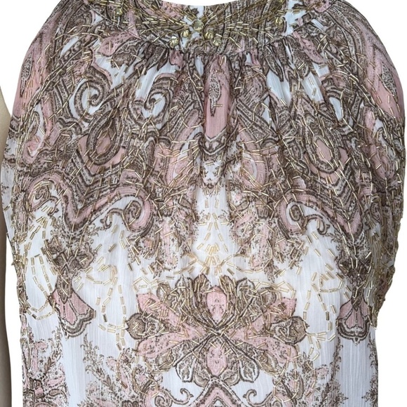 Cache Pink And Gold Paisley Blouson Style Halter Top Size Medium - Picture 2 of 7